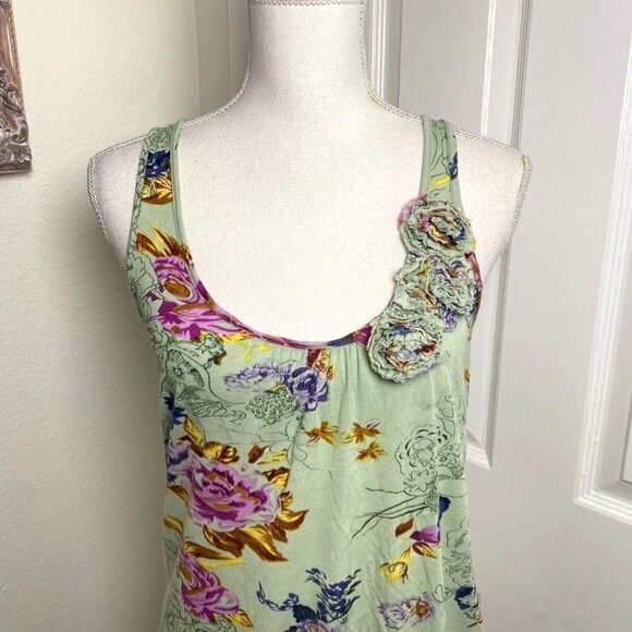 Fire Los Angeles Green Floral Tank Top 3D Rossettes Size Small - Picture 2 of 8